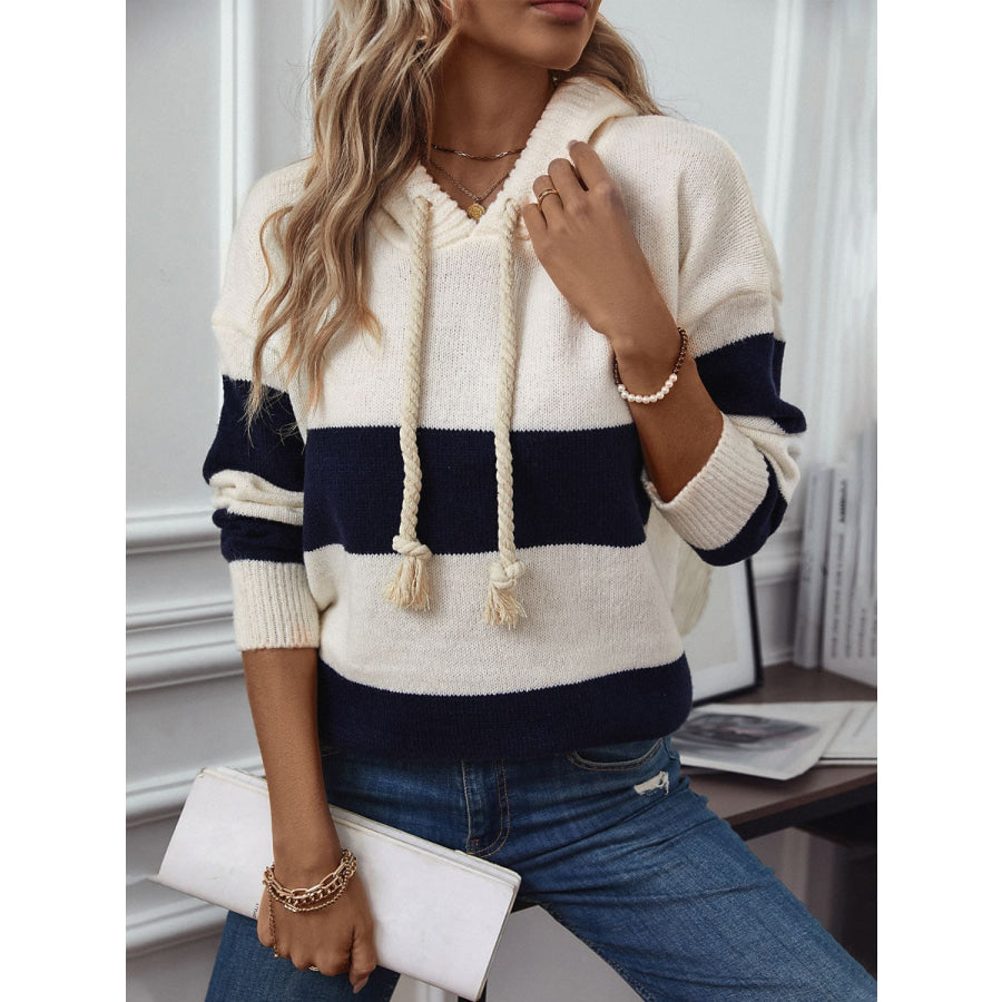 Drawstring Contrast Stripe Dropped Shoulder Hooded Sweater Apparel and Accessories