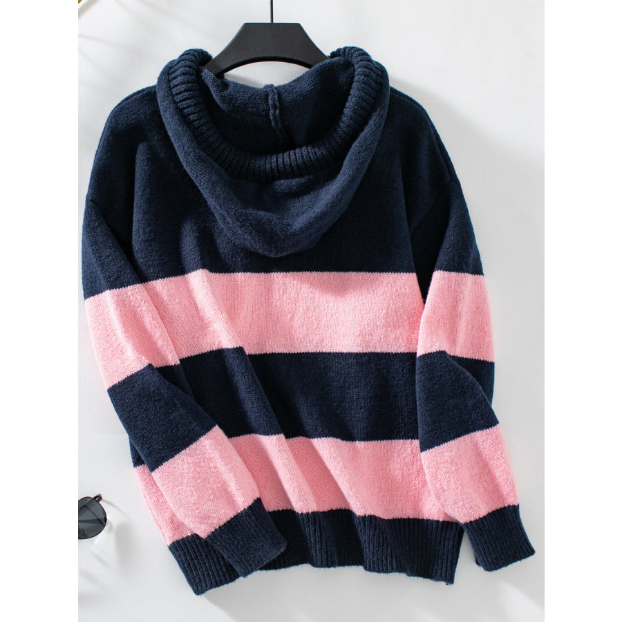 Drawstring Contrast Stripe Dropped Shoulder Hooded Sweater Apparel and Accessories