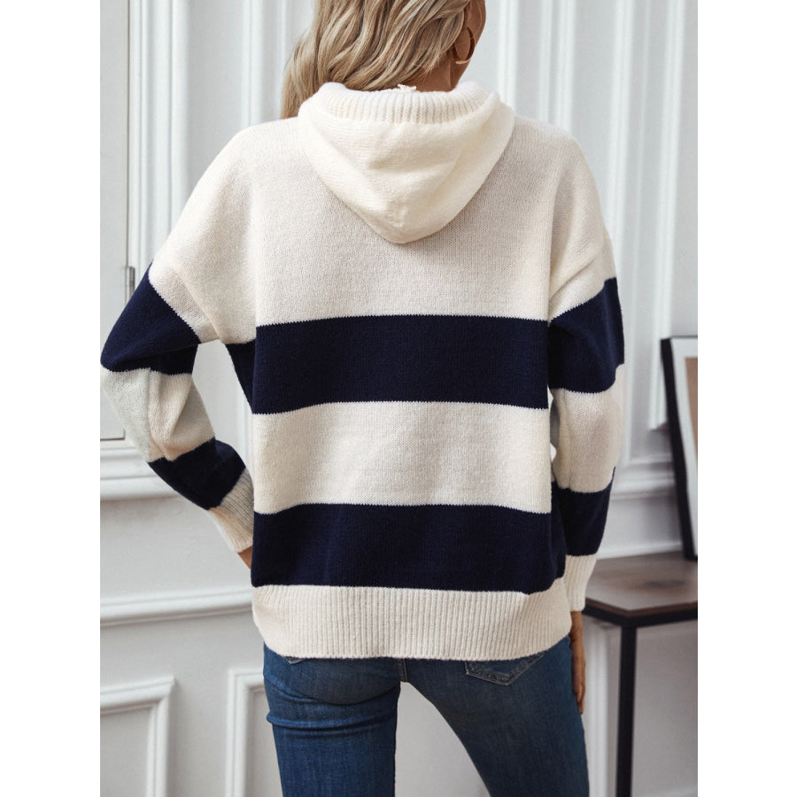 Drawstring Contrast Stripe Dropped Shoulder Hooded Sweater Apparel and Accessories