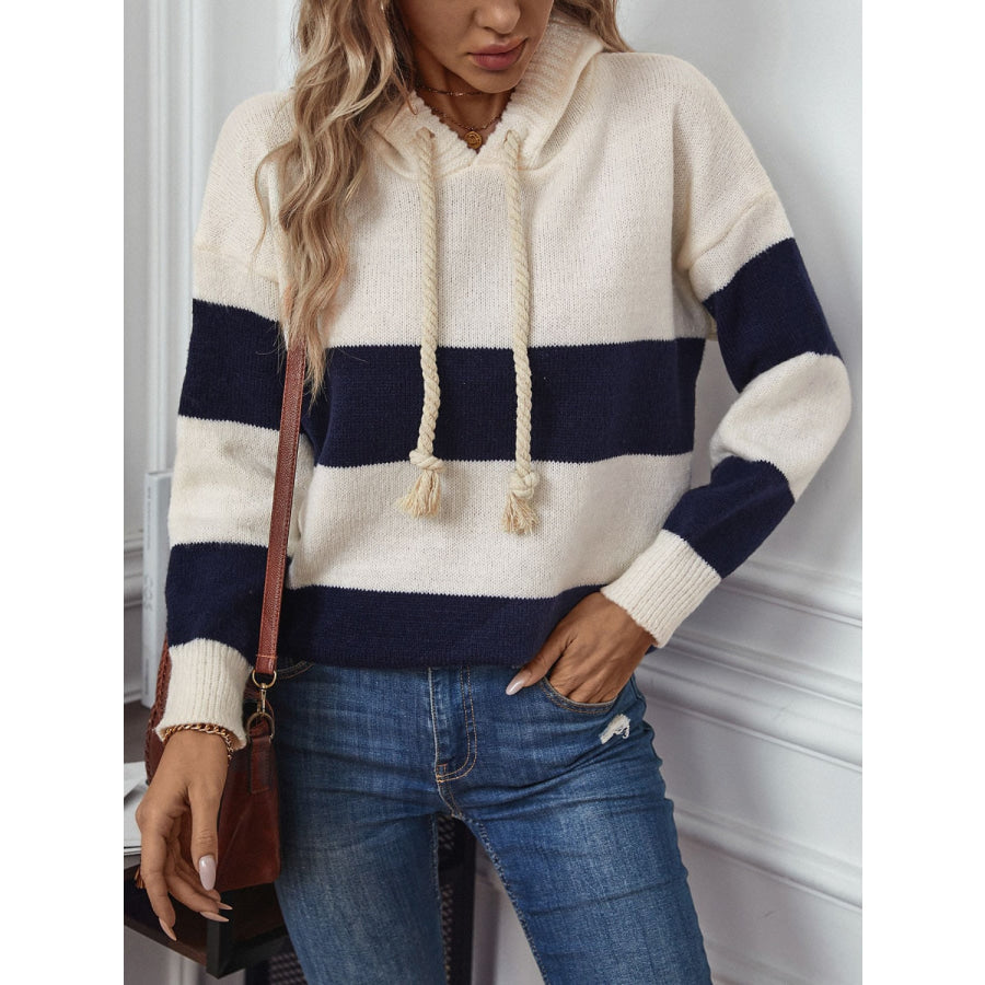 Drawstring Contrast Stripe Dropped Shoulder Hooded Sweater Apparel and Accessories