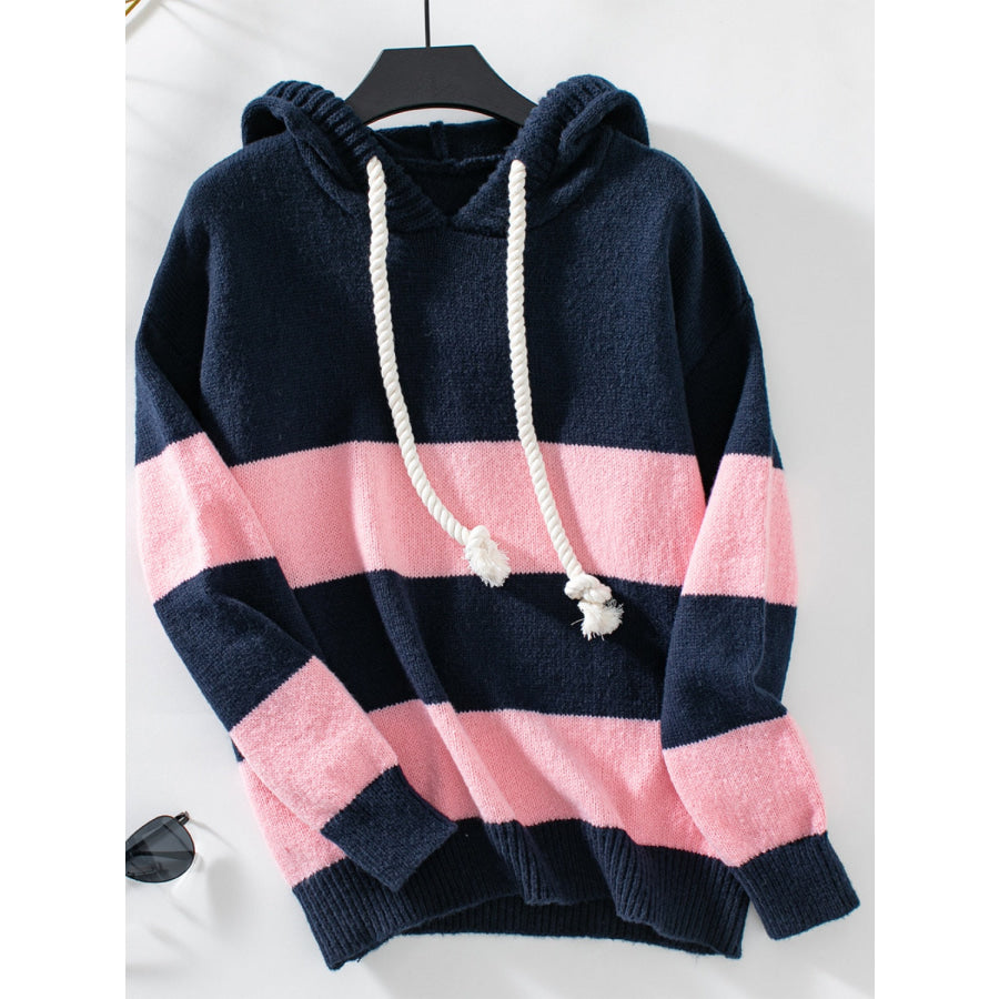 Drawstring Contrast Stripe Dropped Shoulder Hooded Sweater Blush Pink / S Apparel and Accessories