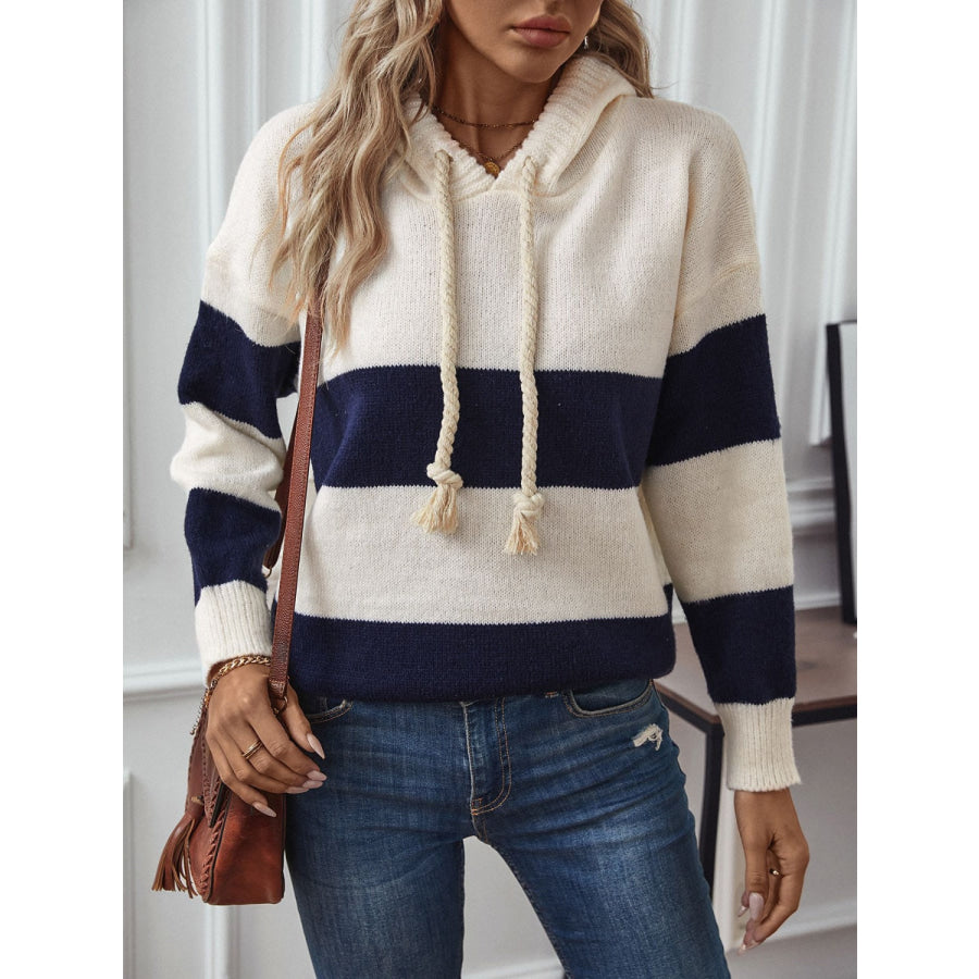 Drawstring Contrast Stripe Dropped Shoulder Hooded Sweater Tan / S Apparel and Accessories