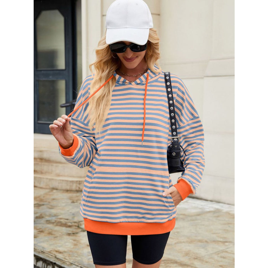 Drawstring Contrast Striped Long Sleeve Hoodie Apparel and Accessories