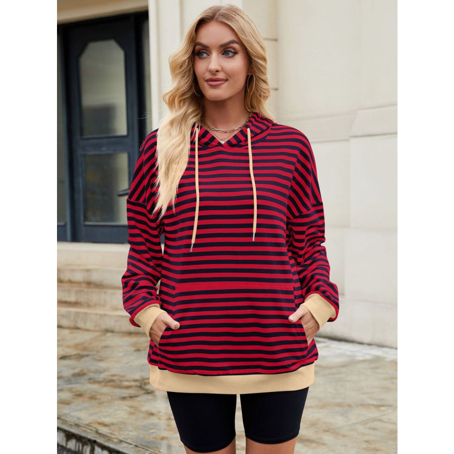 Drawstring Contrast Striped Long Sleeve Hoodie Apparel and Accessories