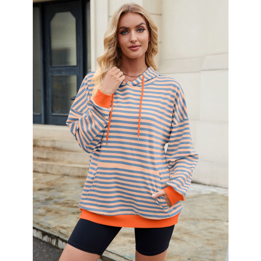 Drawstring Contrast Striped Long Sleeve Hoodie Apparel and Accessories