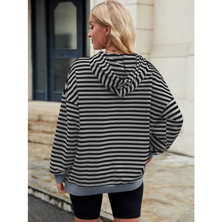 Drawstring Contrast Striped Long Sleeve Hoodie Apparel and Accessories