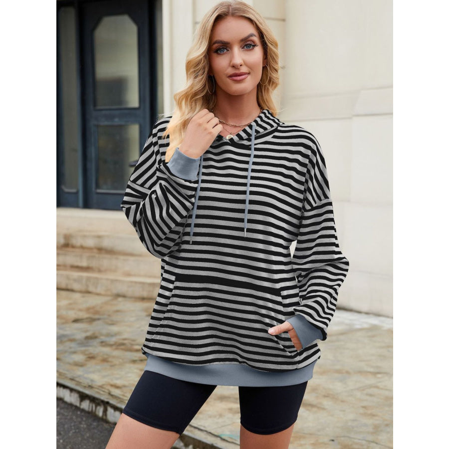 Drawstring Contrast Striped Long Sleeve Hoodie Apparel and Accessories