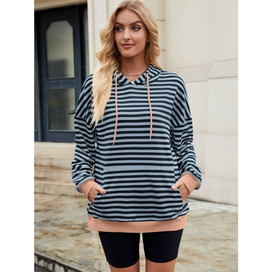 Drawstring Contrast Striped Long Sleeve Hoodie Apparel and Accessories