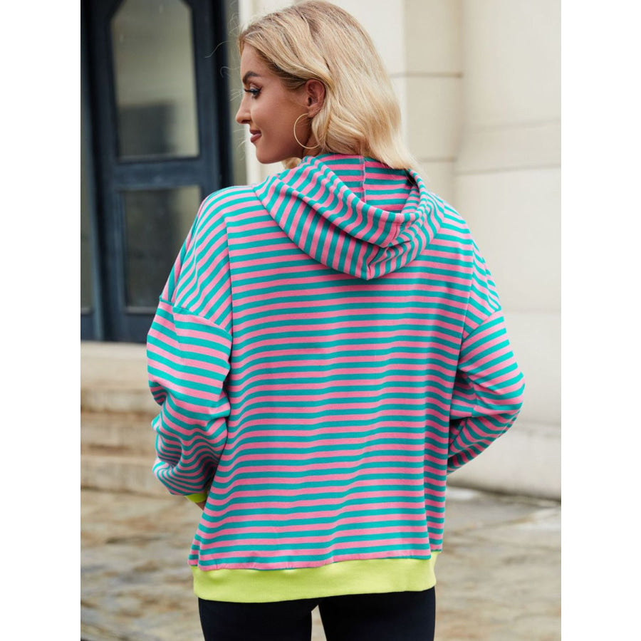 Drawstring Contrast Striped Long Sleeve Hoodie Apparel and Accessories