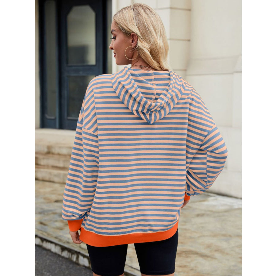 Drawstring Contrast Striped Long Sleeve Hoodie Apparel and Accessories