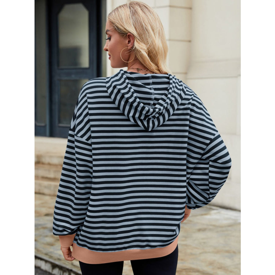 Drawstring Contrast Striped Long Sleeve Hoodie Apparel and Accessories