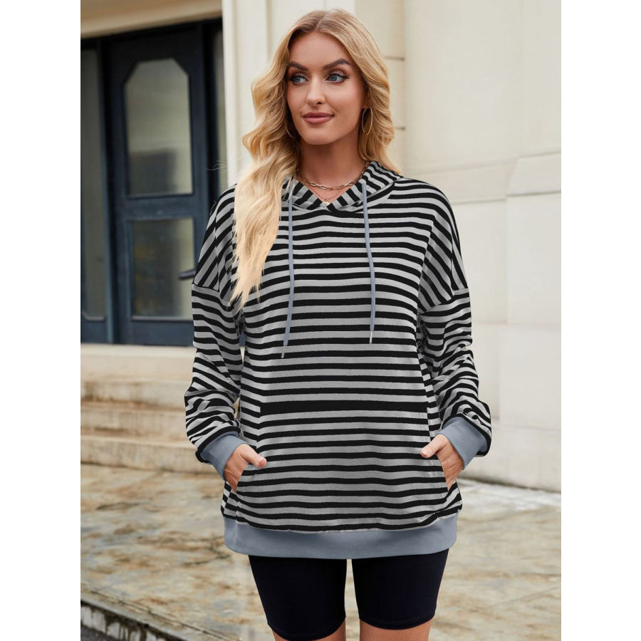 Drawstring Contrast Striped Long Sleeve Hoodie Black / S Apparel and Accessories