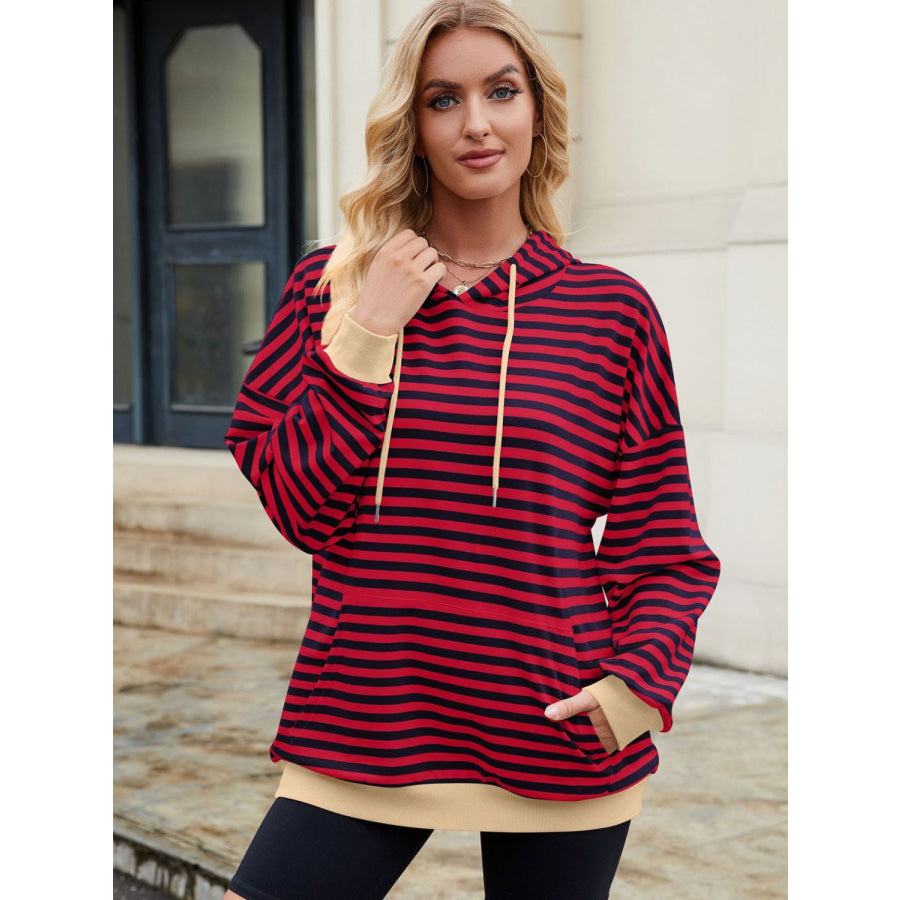 Drawstring Contrast Striped Long Sleeve Hoodie Burgundy / S Apparel and Accessories