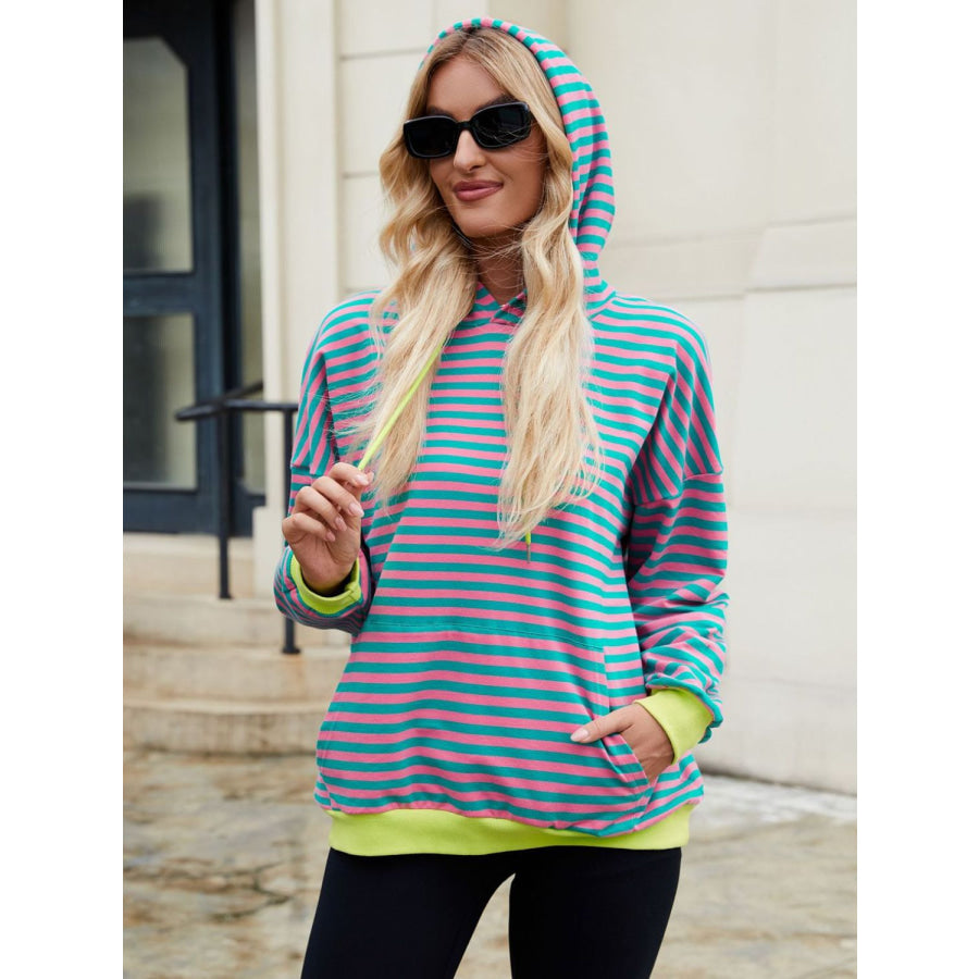 Drawstring Contrast Striped Long Sleeve Hoodie Coral / S Apparel and Accessories