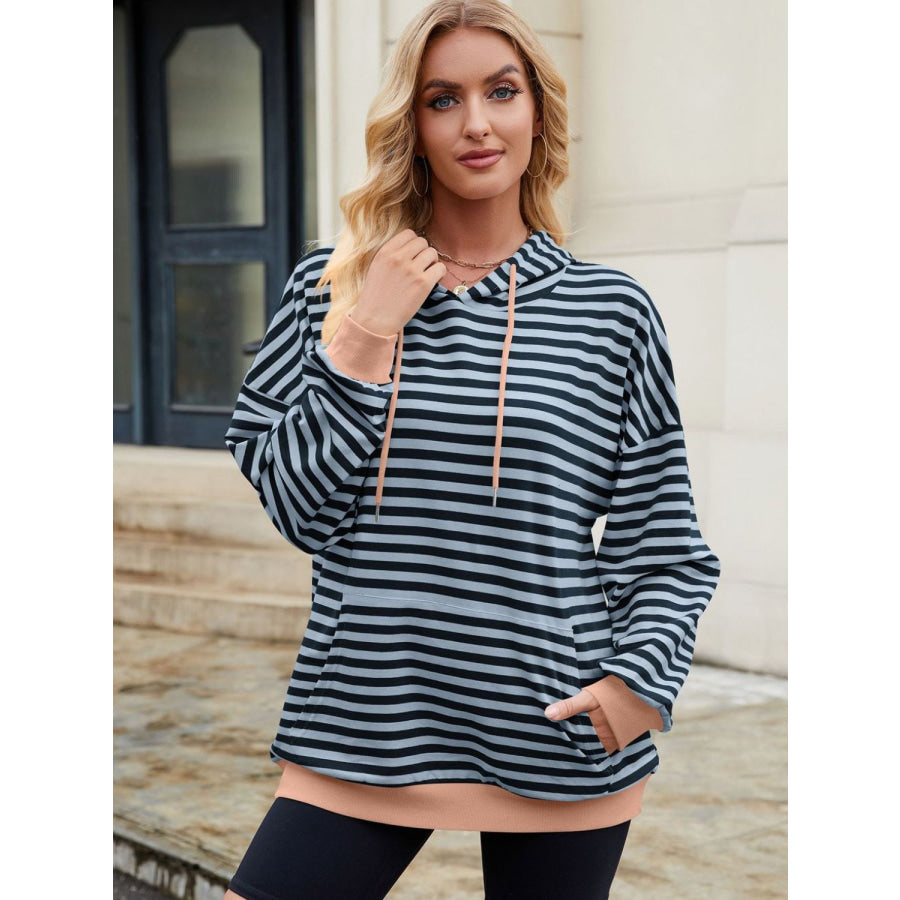 Drawstring Contrast Striped Long Sleeve Hoodie Dusty Blue / S Apparel and Accessories