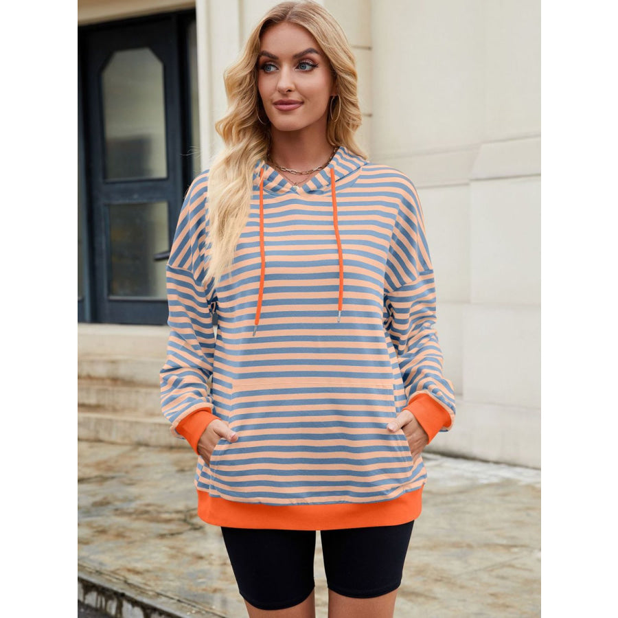 Drawstring Contrast Striped Long Sleeve Hoodie Watermelon pink / S Apparel and Accessories