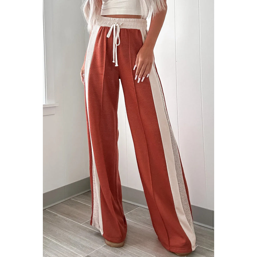 Drawstring Contrast Wide Leg Pants Orange-Red / S Apparel and Accessories