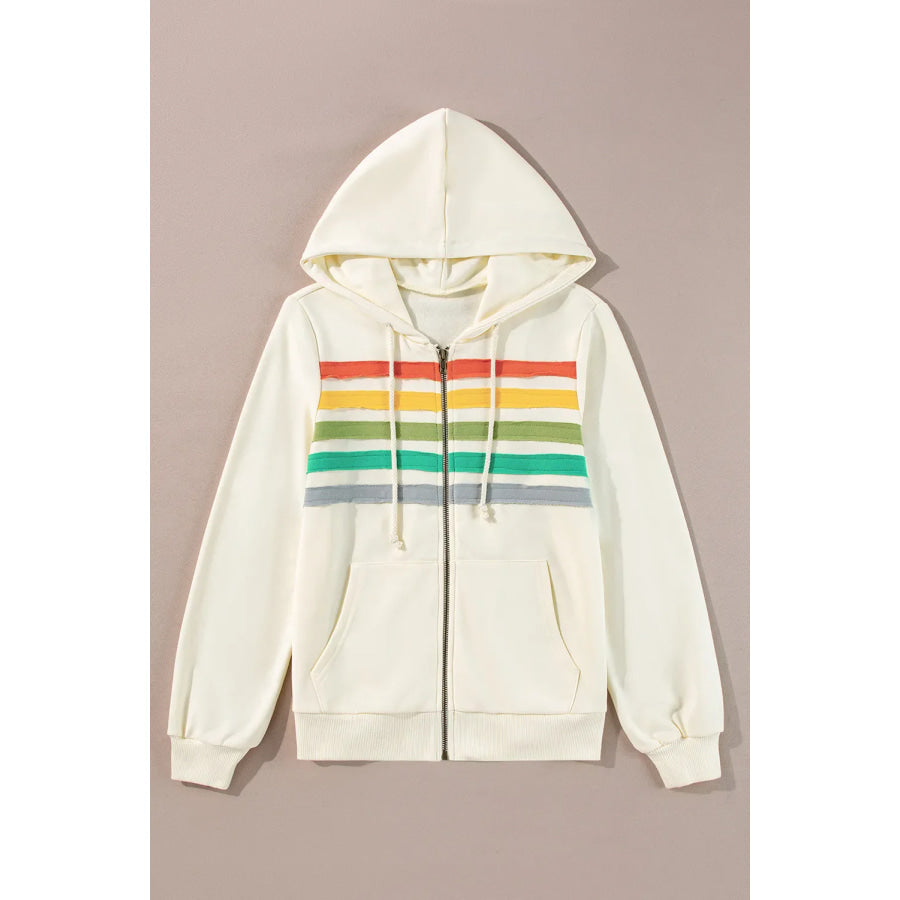 Drawstring Contrast Zip Up Long Sleeve Hoodie Apparel and Accessories