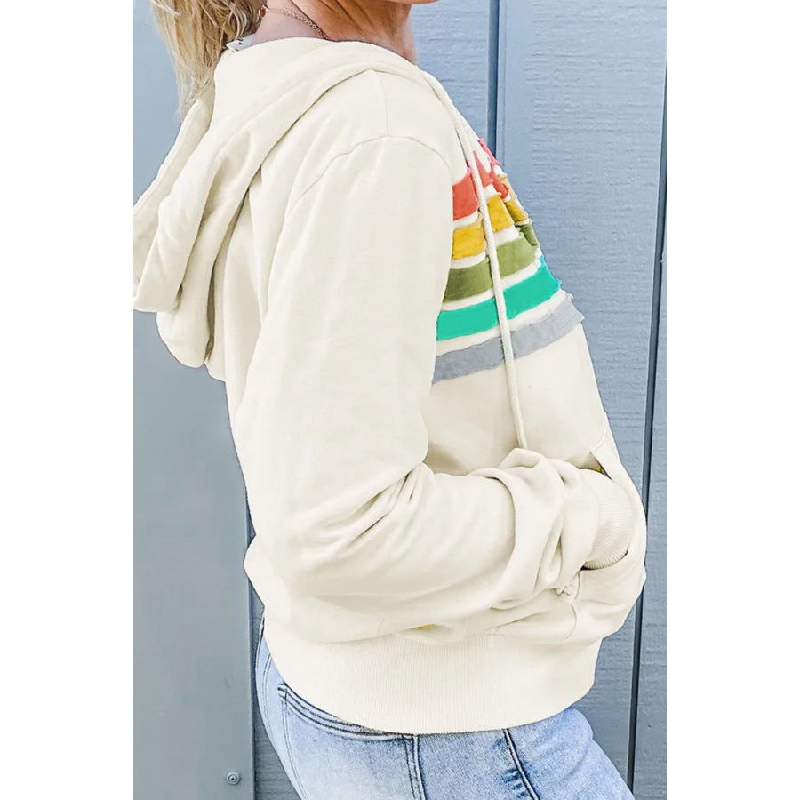 Drawstring Contrast Zip Up Long Sleeve Hoodie Ivory / S Apparel and Accessories