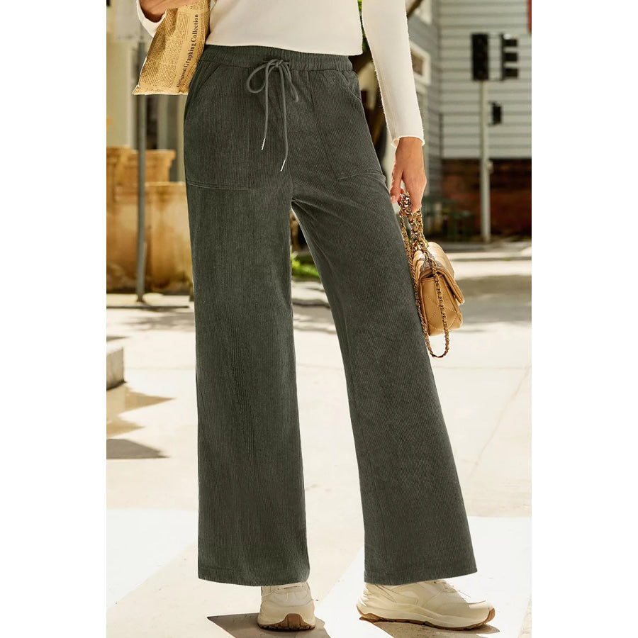 Drawstring Corduroy Wide Leg Pants Army Green / S Apparel and Accessories