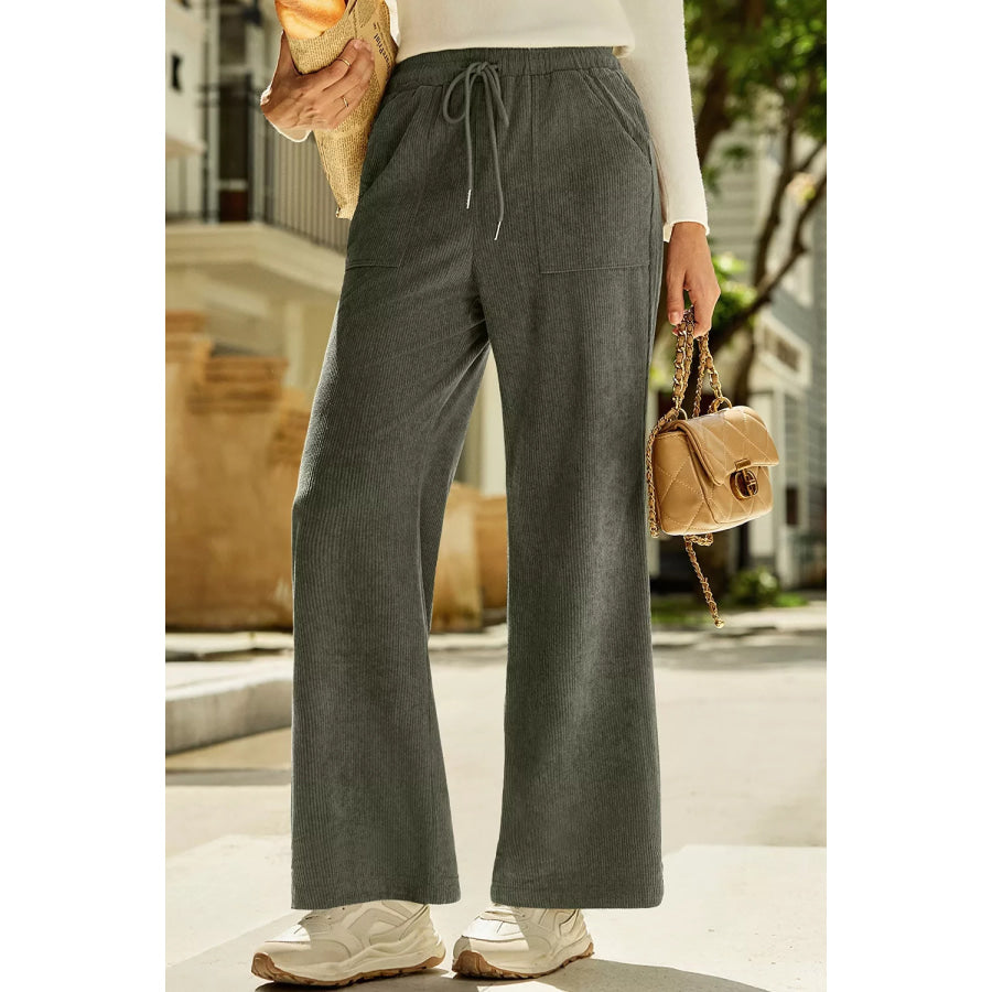 Drawstring Corduroy Wide Leg Pants Army Green / S Apparel and Accessories