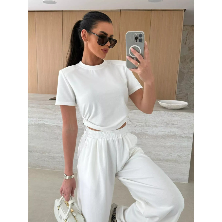 Drawstring Crop Top and Wide-Leg Pants Set Apparel and Accessories