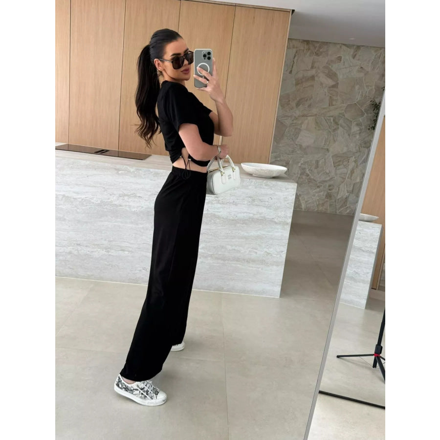 Drawstring Crop Top and Wide-Leg Pants Set Apparel and Accessories