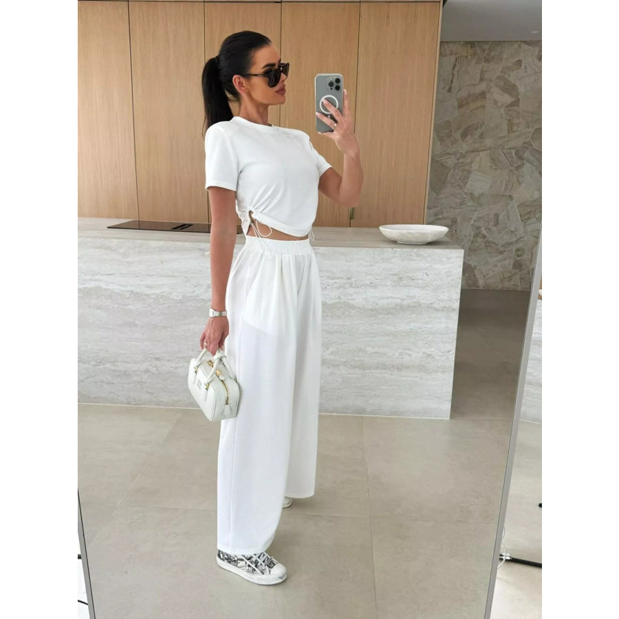 Drawstring Crop Top and Wide-Leg Pants Set White / S Apparel and Accessories