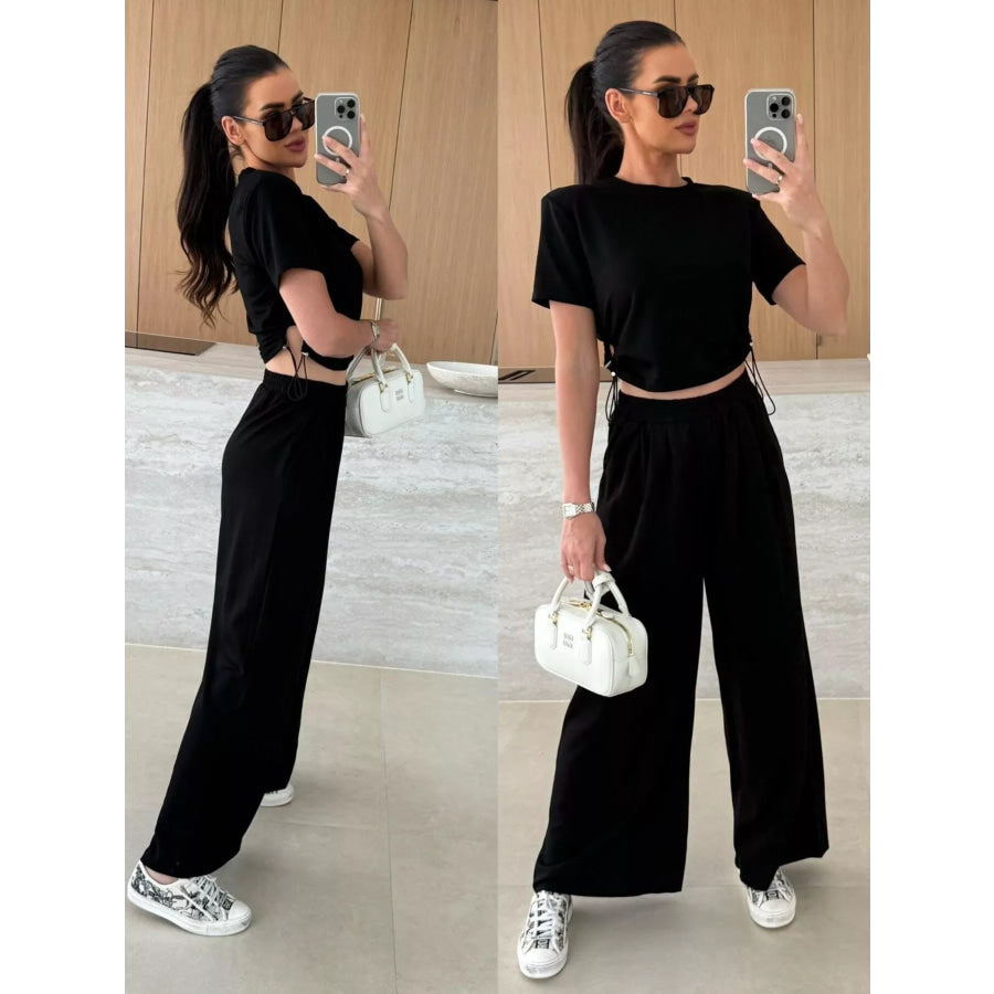 Drawstring Crop Top and Wide-Leg Pants Set Apparel and Accessories