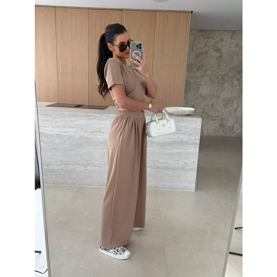 Drawstring Crop Top and Wide-Leg Pants Set Apparel and Accessories