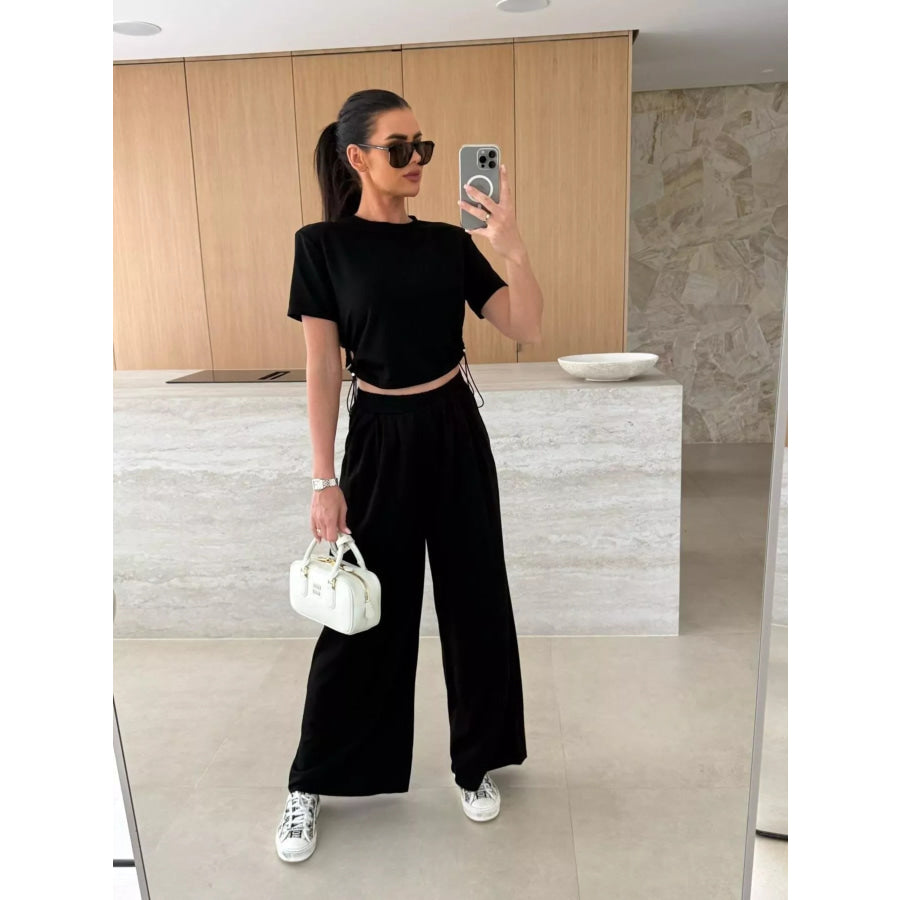 Drawstring Crop Top and Wide-Leg Pants Set Black / S Apparel and Accessories