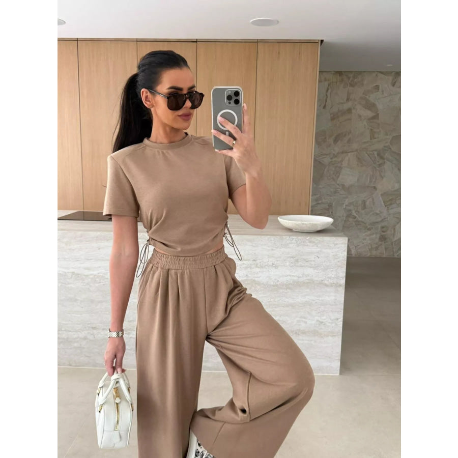 Drawstring Crop Top and Wide-Leg Pants Set Mocha / S Apparel and Accessories