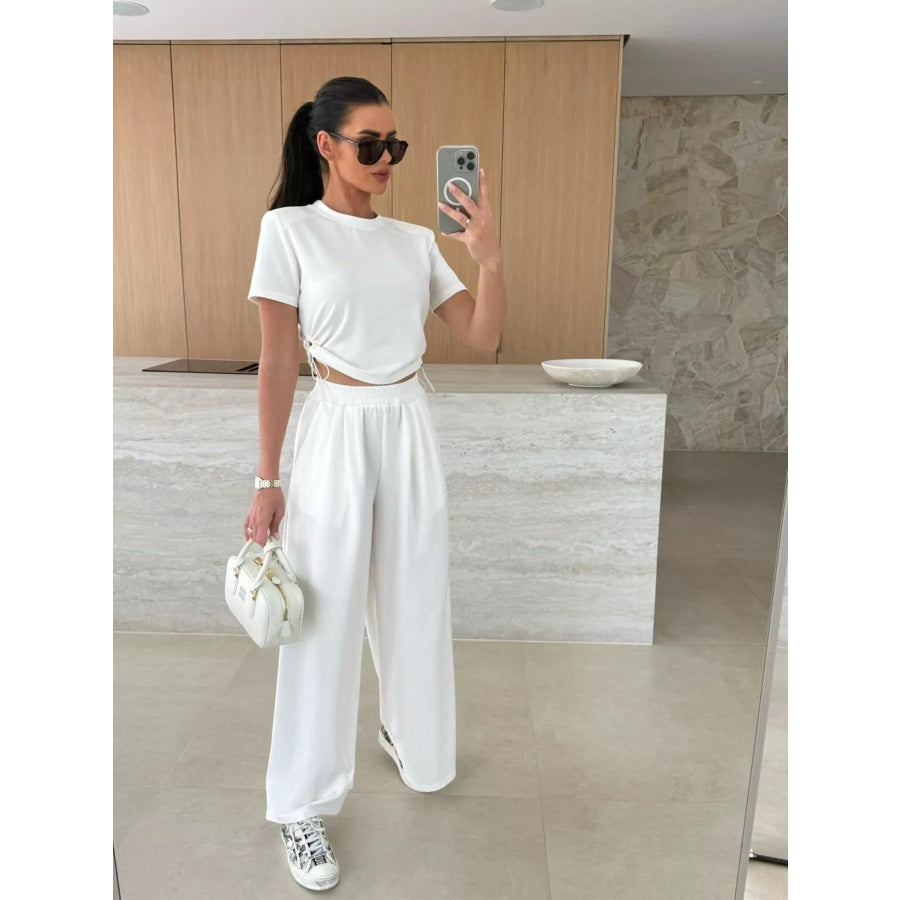 Drawstring Crop Top and Wide-Leg Pants Set White / S Apparel and Accessories