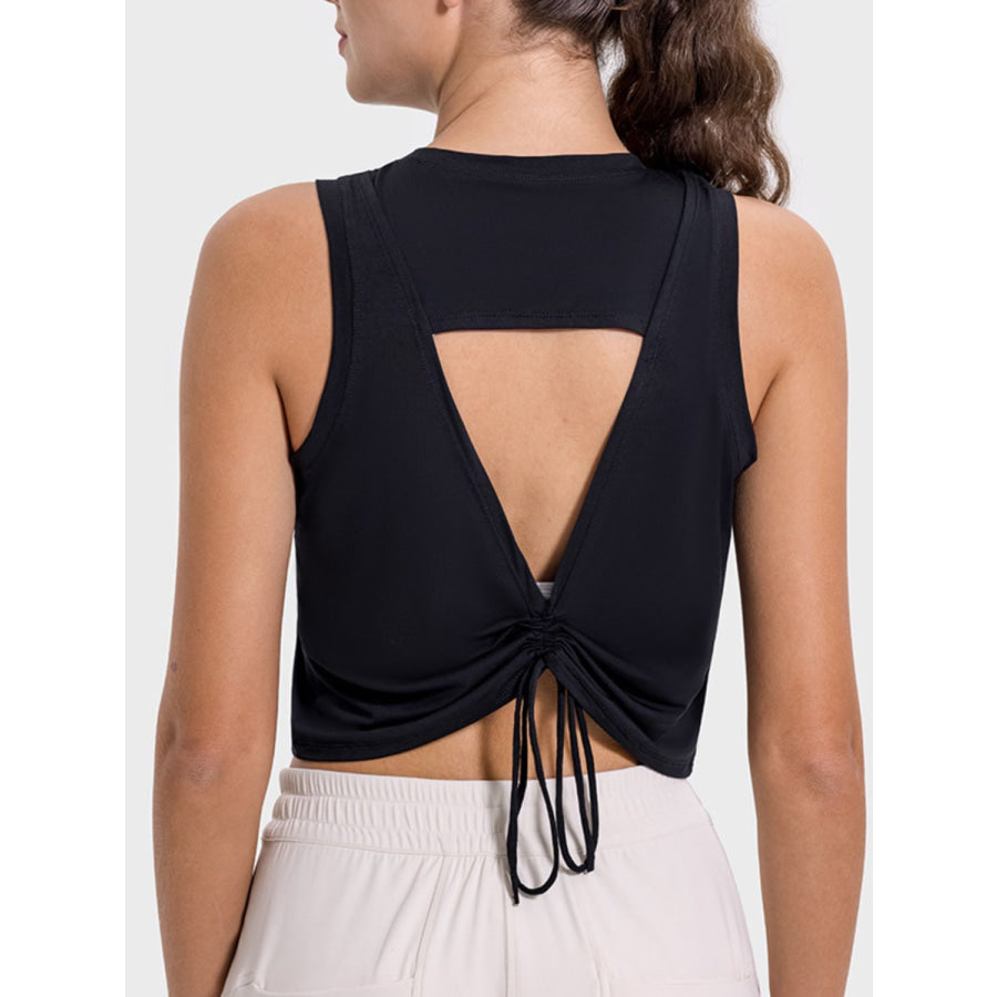 Drawstring Cutout Round Neck Active Tank Black / 4 Apparel and Accessories