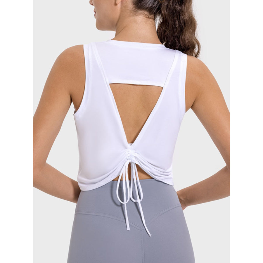 Drawstring Cutout Round Neck Active Tank White / 4 Apparel and Accessories