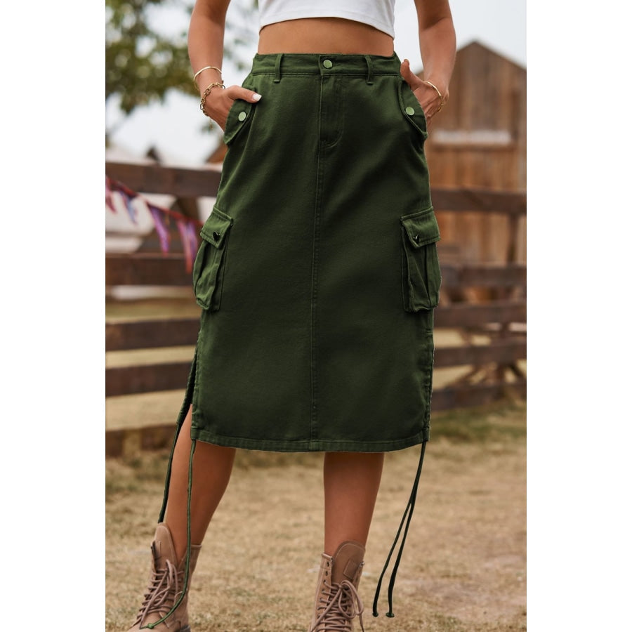 Drawstring Denim Cargo Skirt Army Green / S