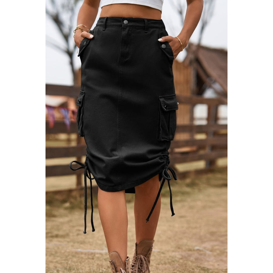 Drawstring Denim Cargo Skirt Black / S