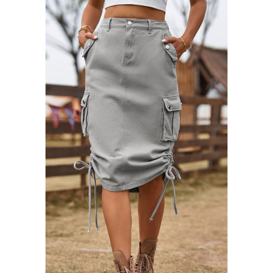 Drawstring Denim Cargo Skirt Mid Gray / S