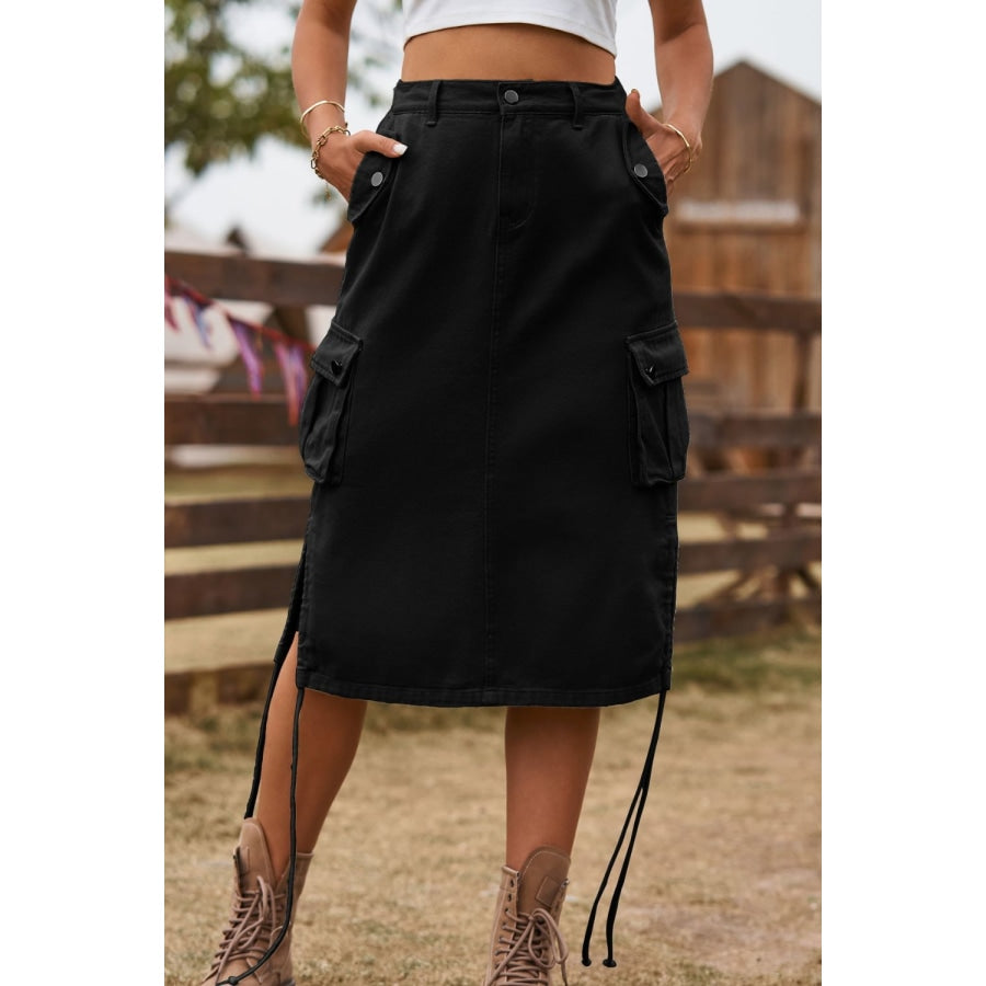 Drawstring Denim Cargo Skirt