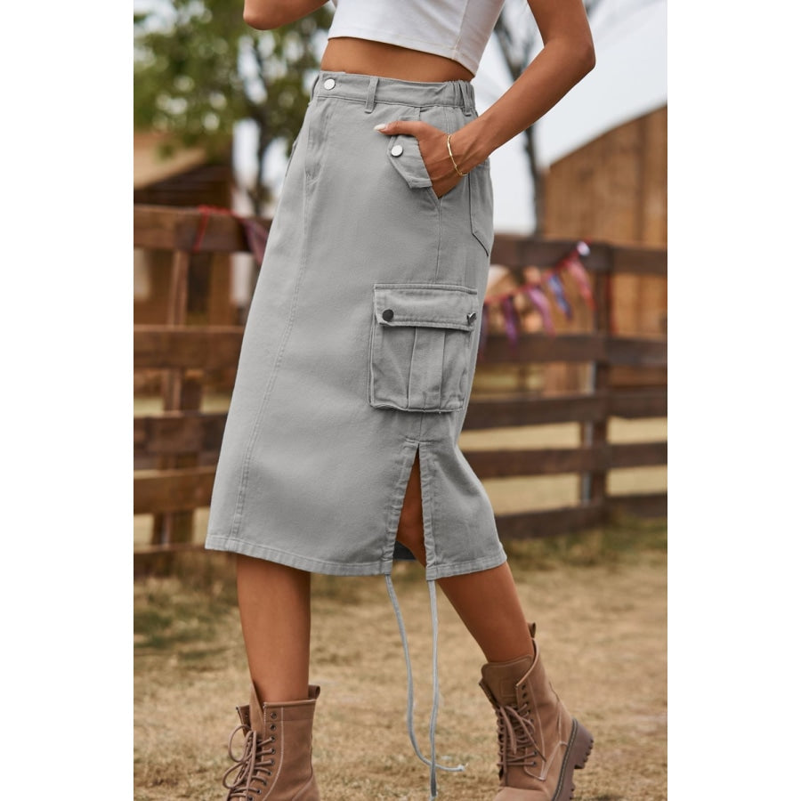 Drawstring Denim Cargo Skirt