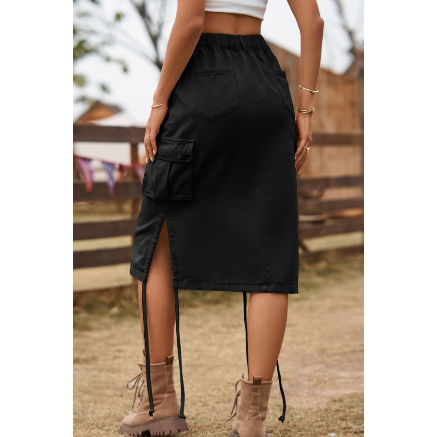 Drawstring Denim Cargo Skirt