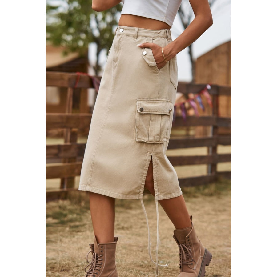 Drawstring Denim Cargo Skirt