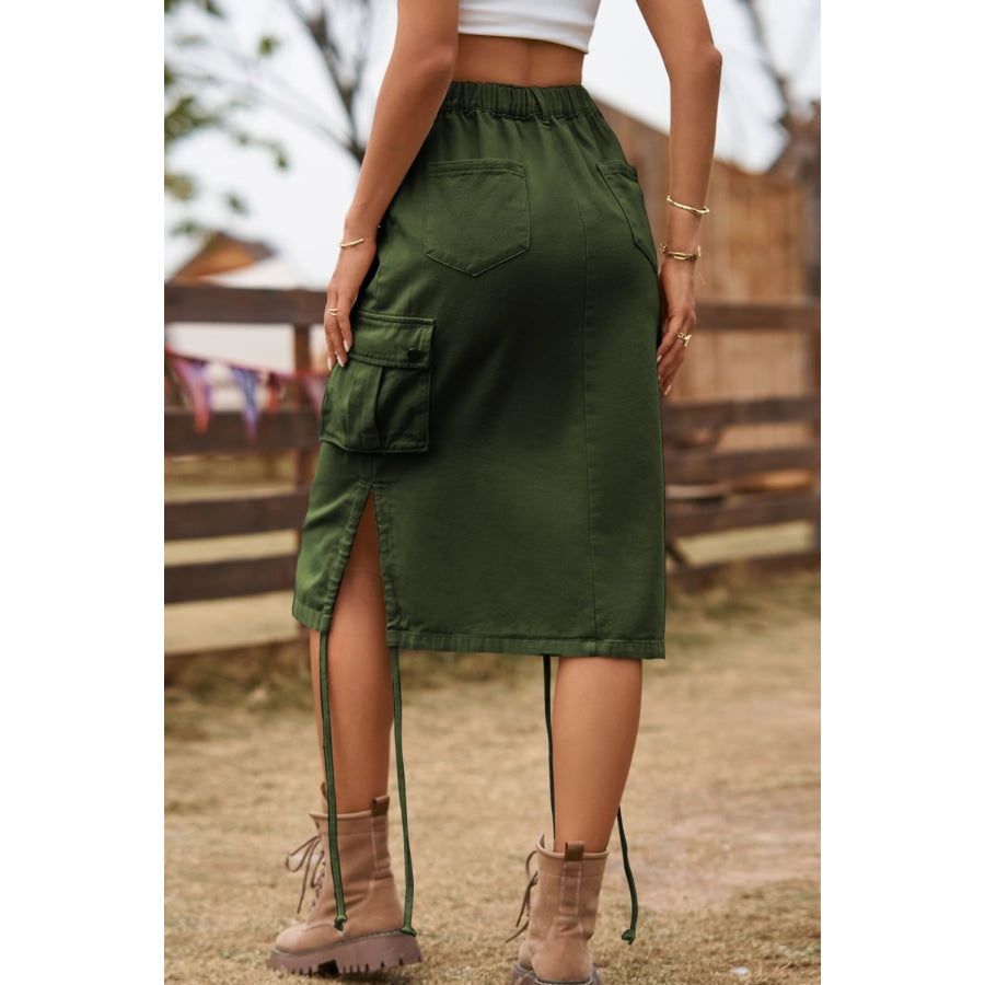 Drawstring Denim Cargo Skirt