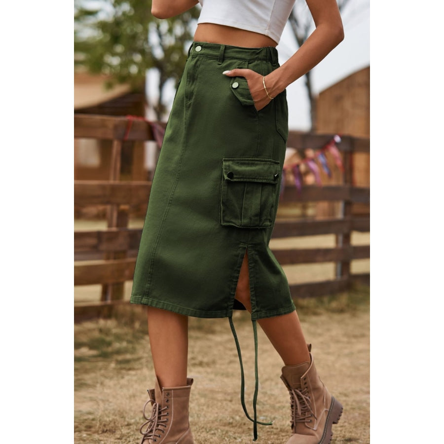 Drawstring Denim Cargo Skirt