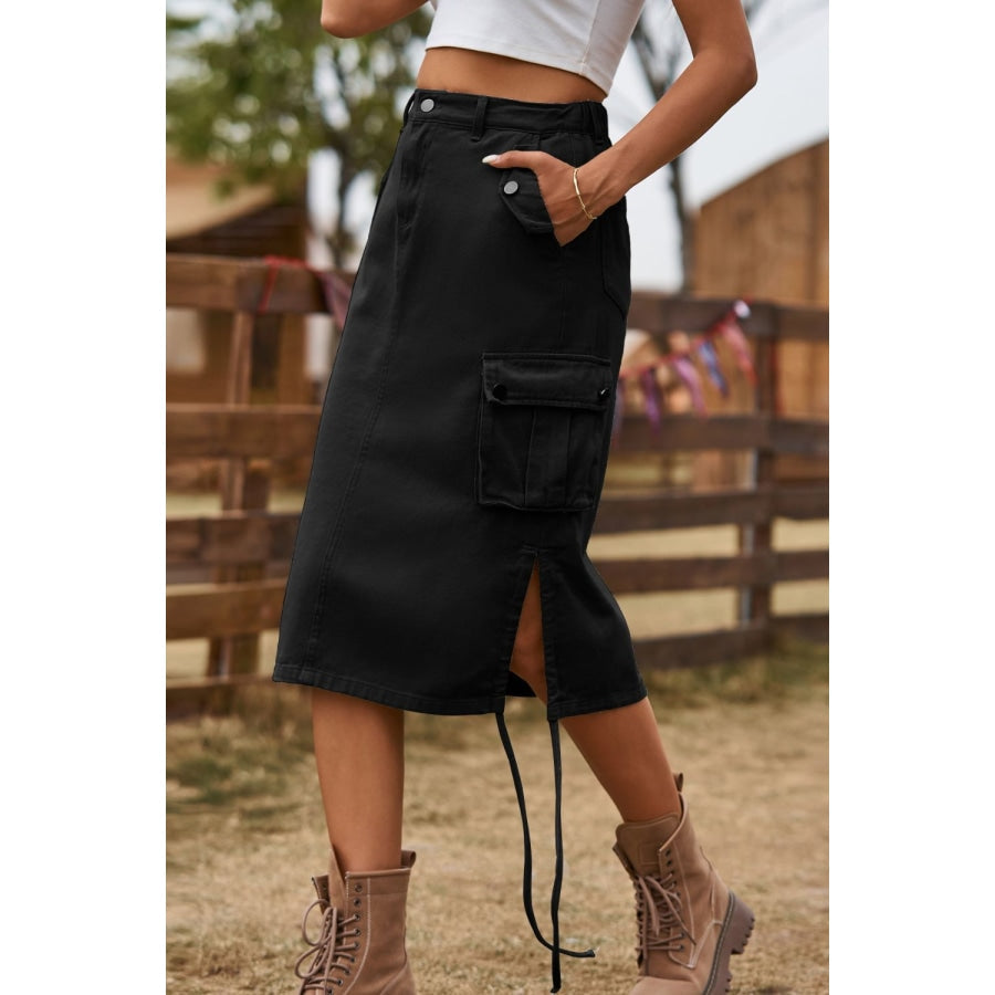 Drawstring Denim Cargo Skirt