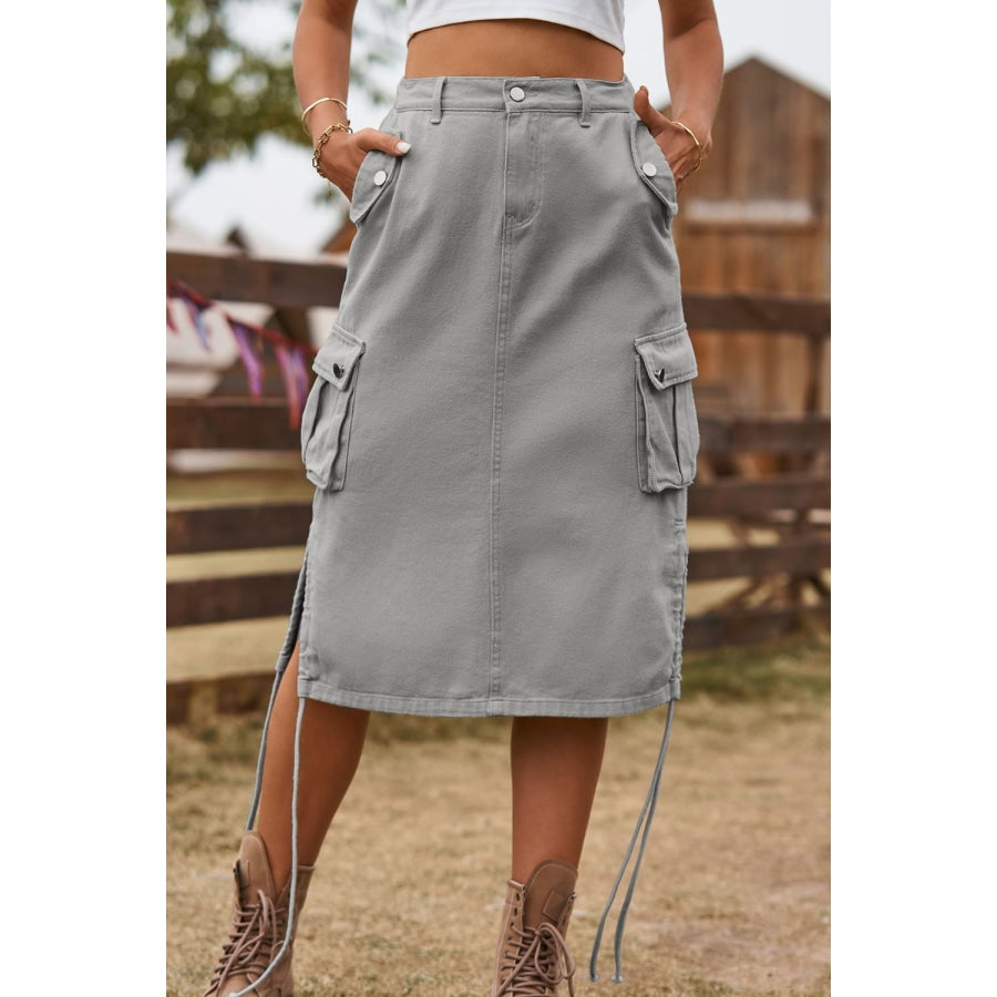 Drawstring Denim Cargo Skirt