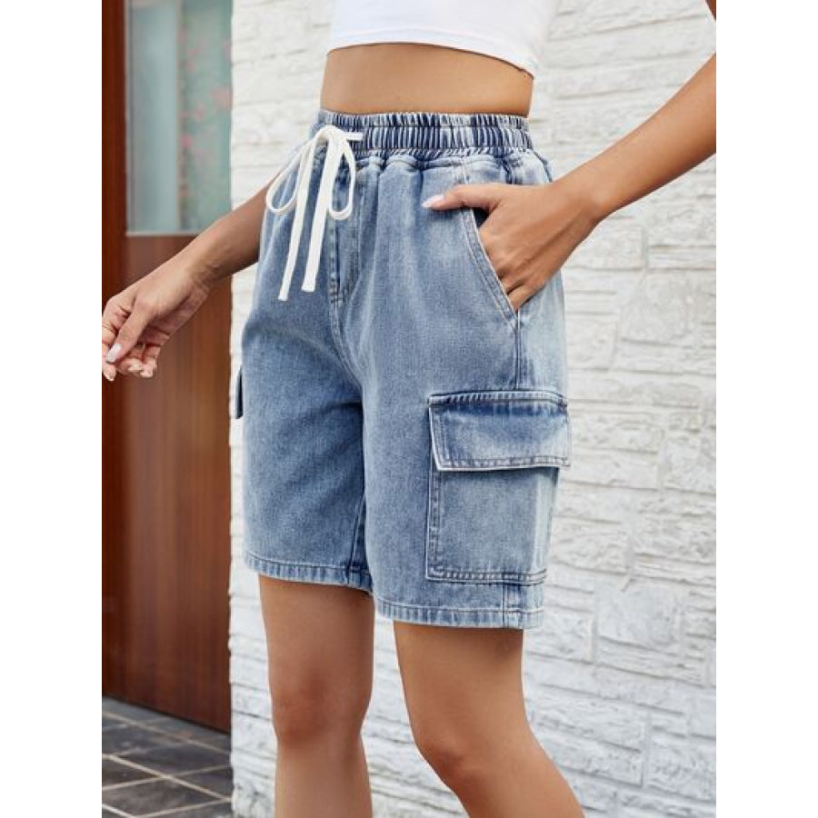 Drawstring Denim Shorts with Pockets Apparel and Accessories