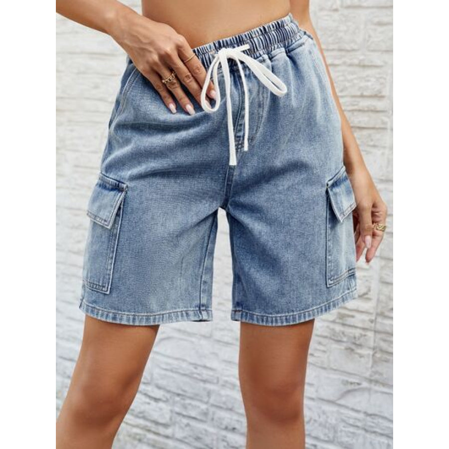 Drawstring Denim Shorts with Pockets Apparel and Accessories