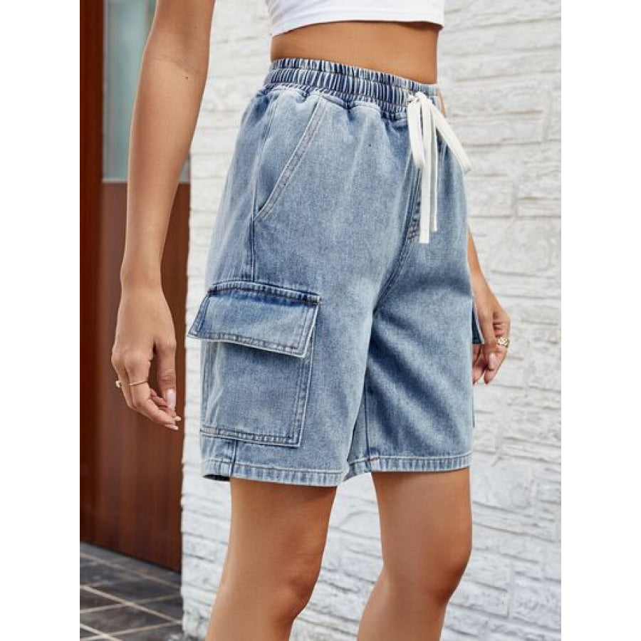 Drawstring Denim Shorts with Pockets Apparel and Accessories