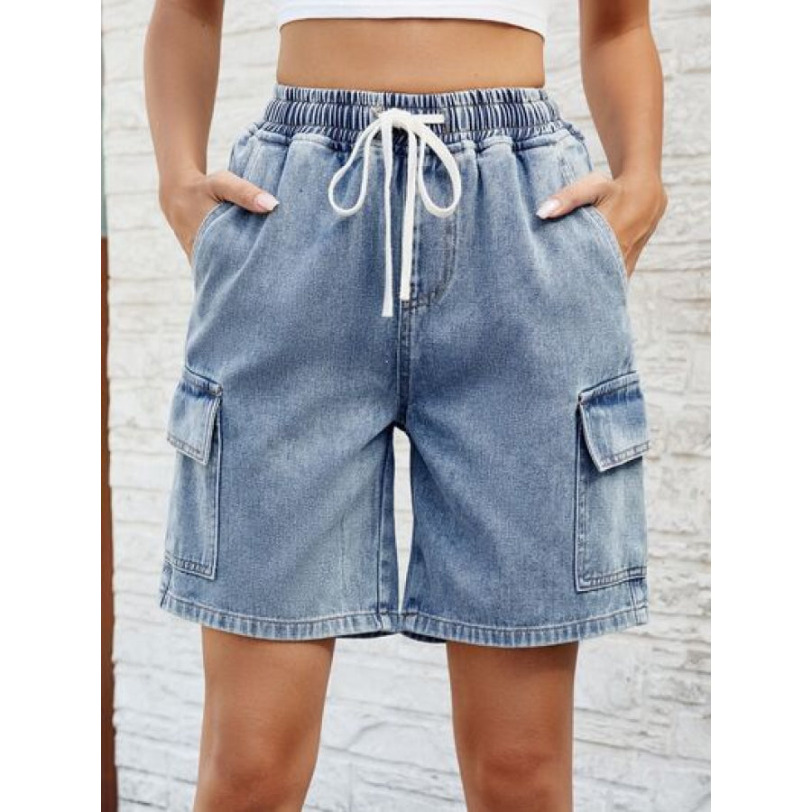 Drawstring Denim Shorts with Pockets Dusty Blue / S Apparel and Accessories